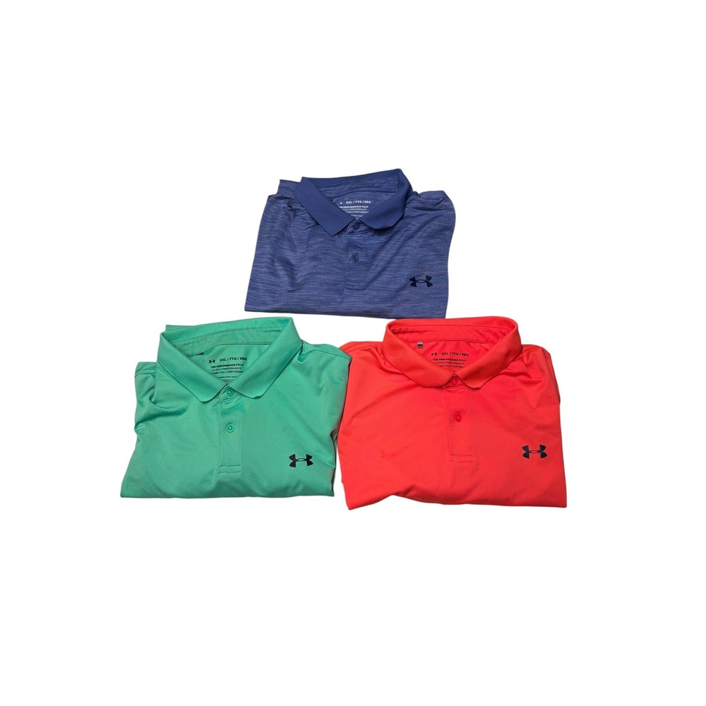 Lot of 3 Under Armour Mens XXL HeatGear Performance Polo Shirt Bundle Blue Green